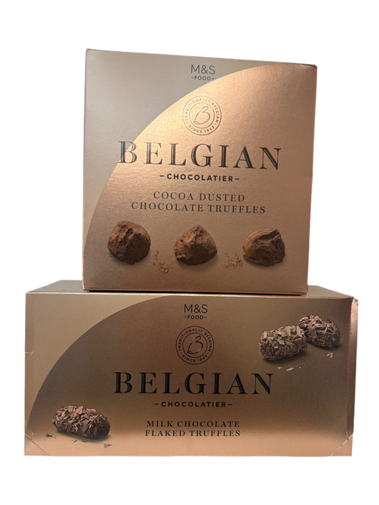 “M&S Belgian Flake & Cocoa Dusted Chocolate Truffles – Authentic British chocolate gift box, imported from the UK.”