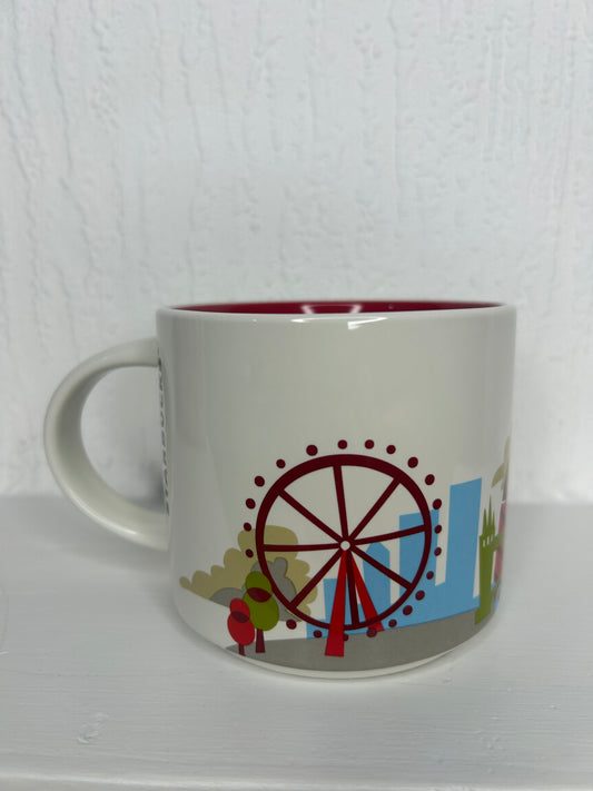 Side view of Starbucks London mug showing Big Ben, London Eye, and Tower Bridge illustration