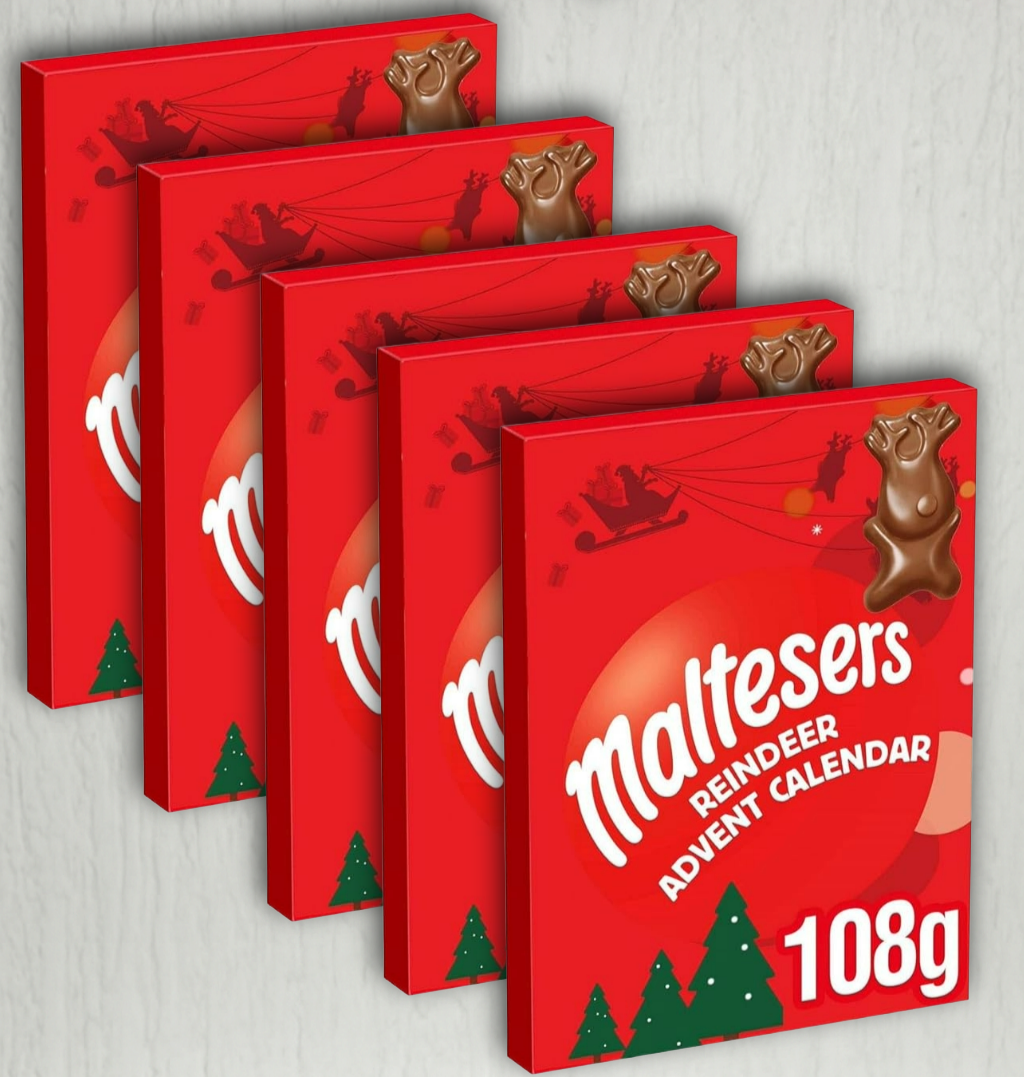 Side angle of Maltesers Advent Calendar showing Christmas artwork