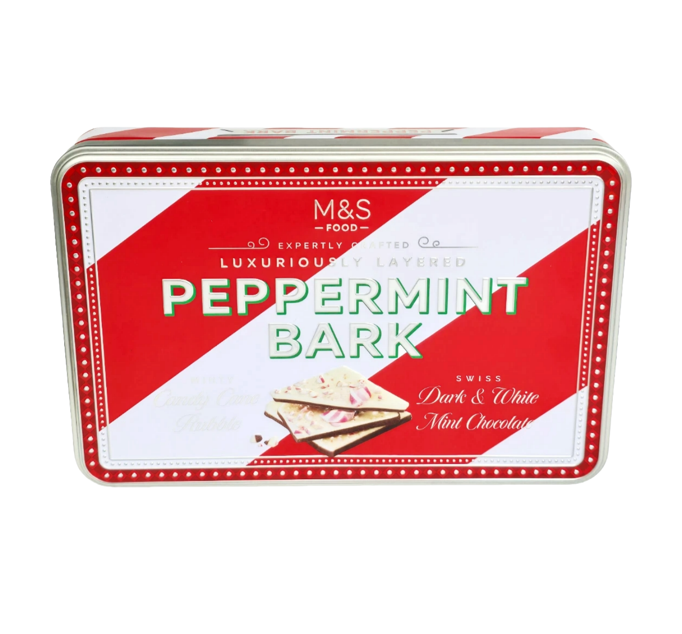 Close-up of M&S Peppermint Bark dark and white chocolate layers