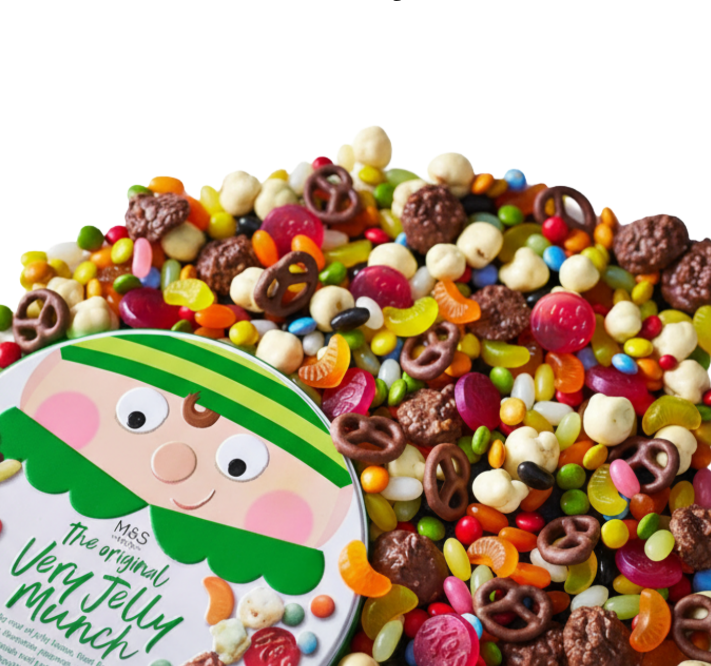 Close-up of M&S Very Jelly Munch chocolates, popcorn, and pretzels