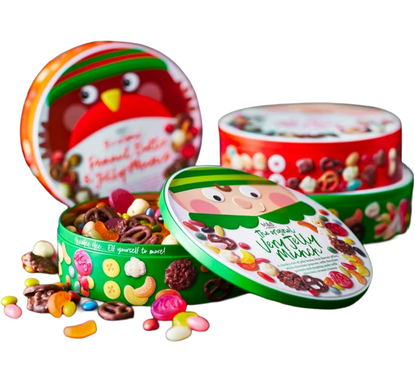 Open tin of M&S Very Jelly Munch showing assorted snacks