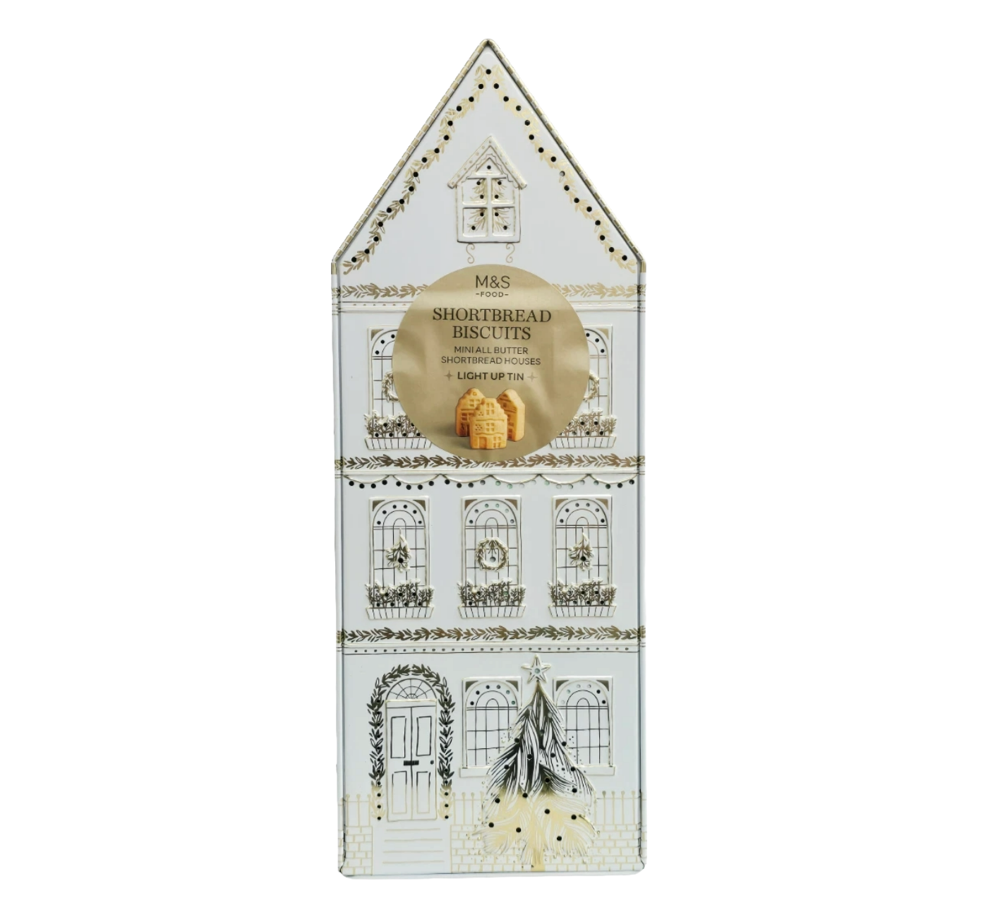 M&S Light Up House Tin with buttery Scottish shortbread cookies