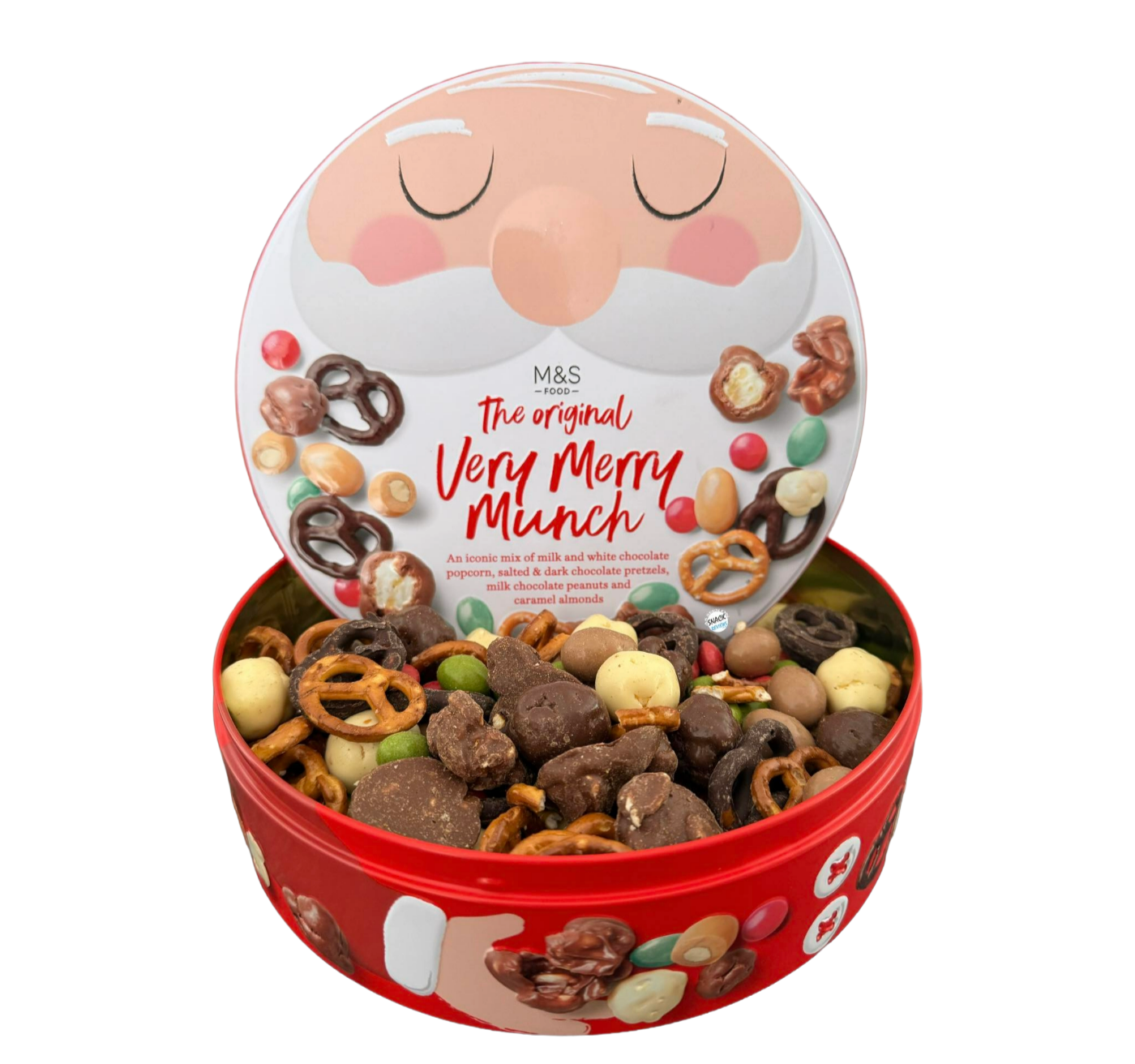 Close-up of M&S Very Merry Munch chocolate, pretzel & nut mix