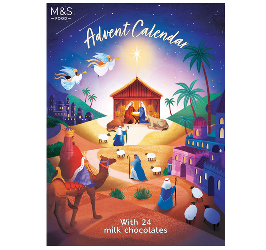 Box design showing 2-pack M&S Nativity Advent Calendar Christmas edition