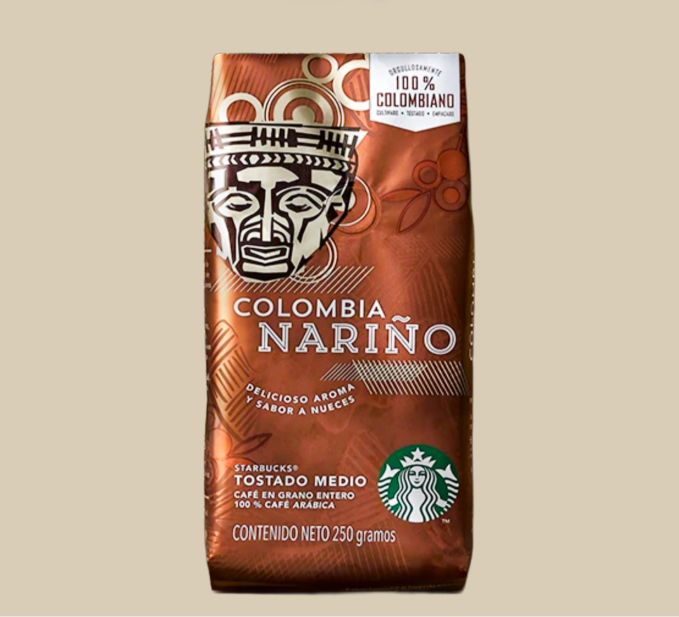 Front view of Starbucks Colombia Nariño Whole Bean Coffee 250g pack