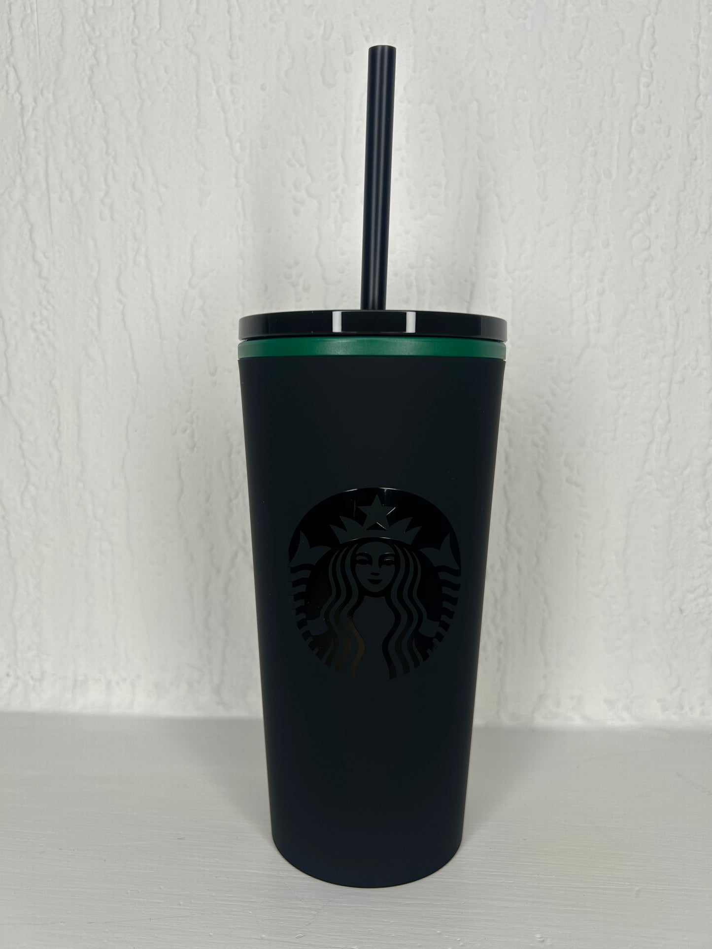 Front view of Starbucks Timi Matte Black 12oz Tumbler with lid