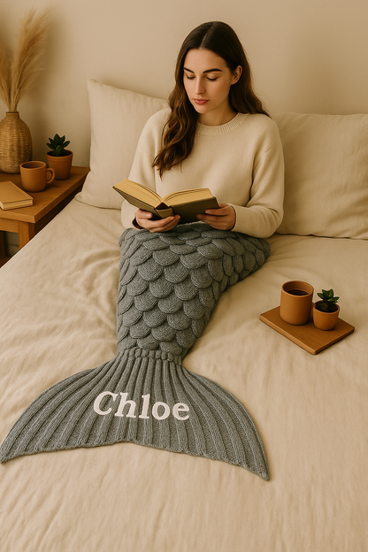 Personalised Mermaid Tail Blanket – Custom Embroidered Blanket for Adults & Kids