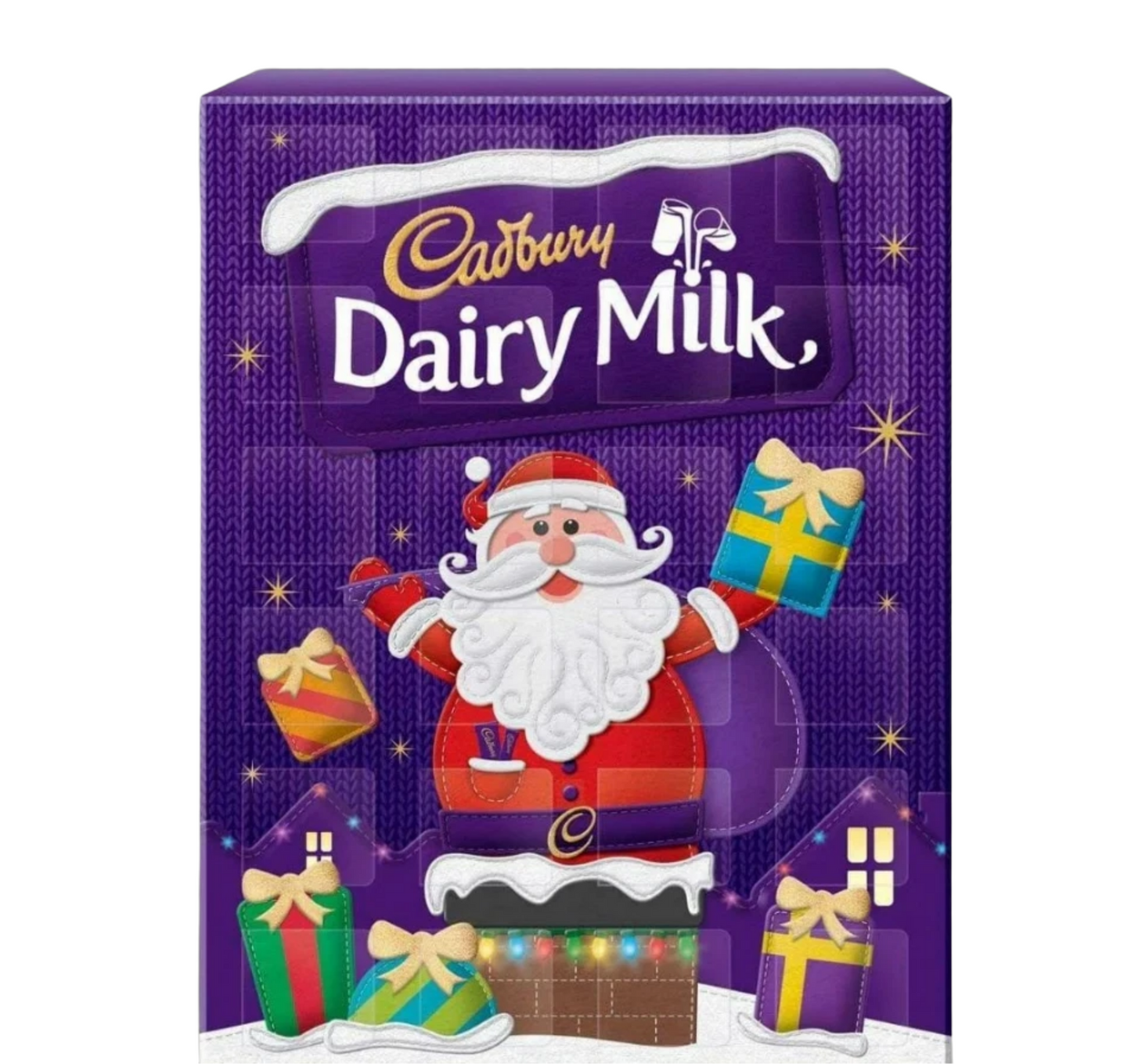 Cadbury Dairy Milk chocolate box with Santa Claus design on a purple background