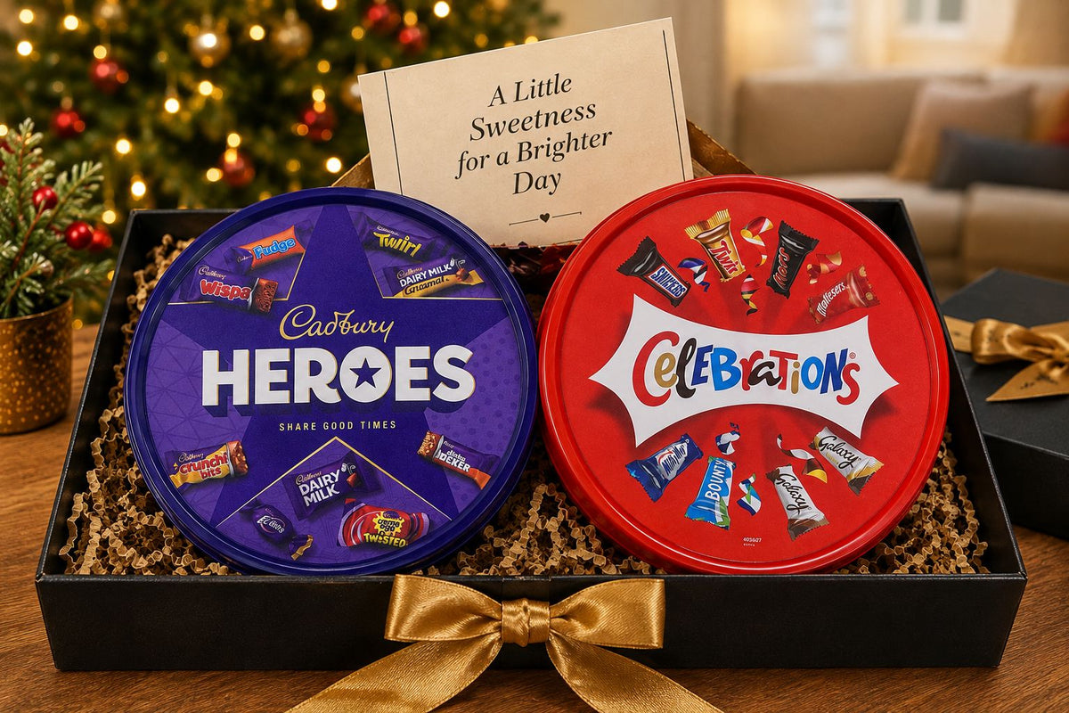 British assorted chocolate gift hamper with Cadbury Heroes and Celebrations