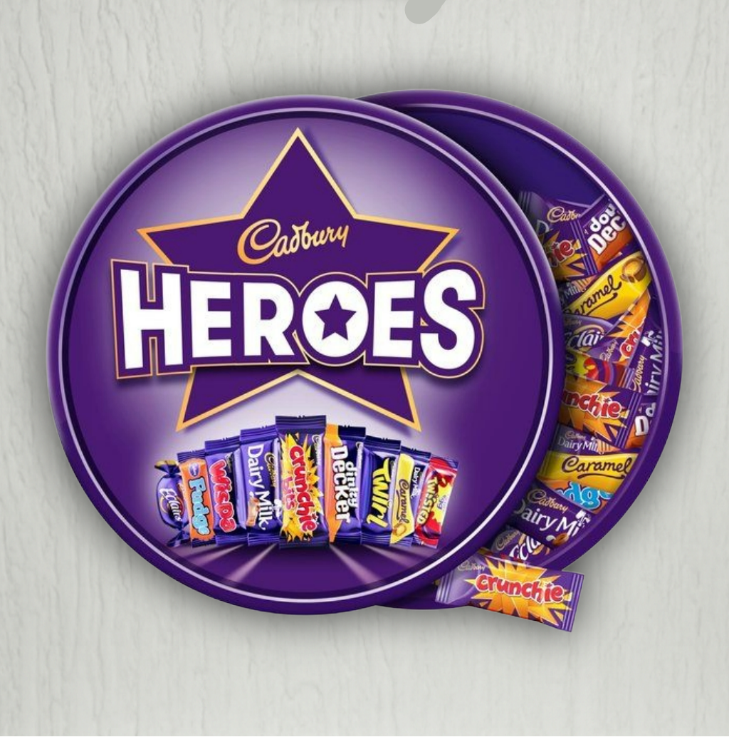 Cadbury Heroes chocolate set in a purple 'Shark Cage' packaging on a light gray background