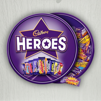 Cadbury Heroes chocolate set in a purple 'Shark Cage' packaging on a light gray background