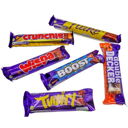 Assorted candy bars including Crunchie, Twirl, Wispa, Boost, and Double Decker 
