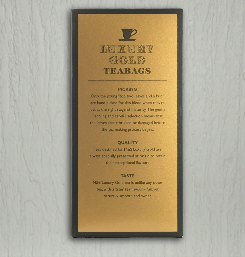 Side angle of M&S Extra Strong Tea Bags box showing product details