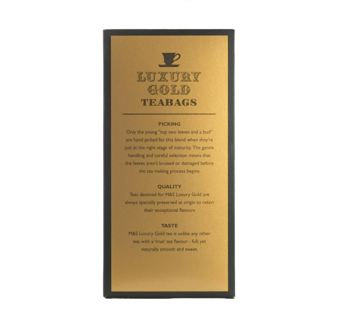 Side angle of M&S Extra Strong Tea Bags box showing product details