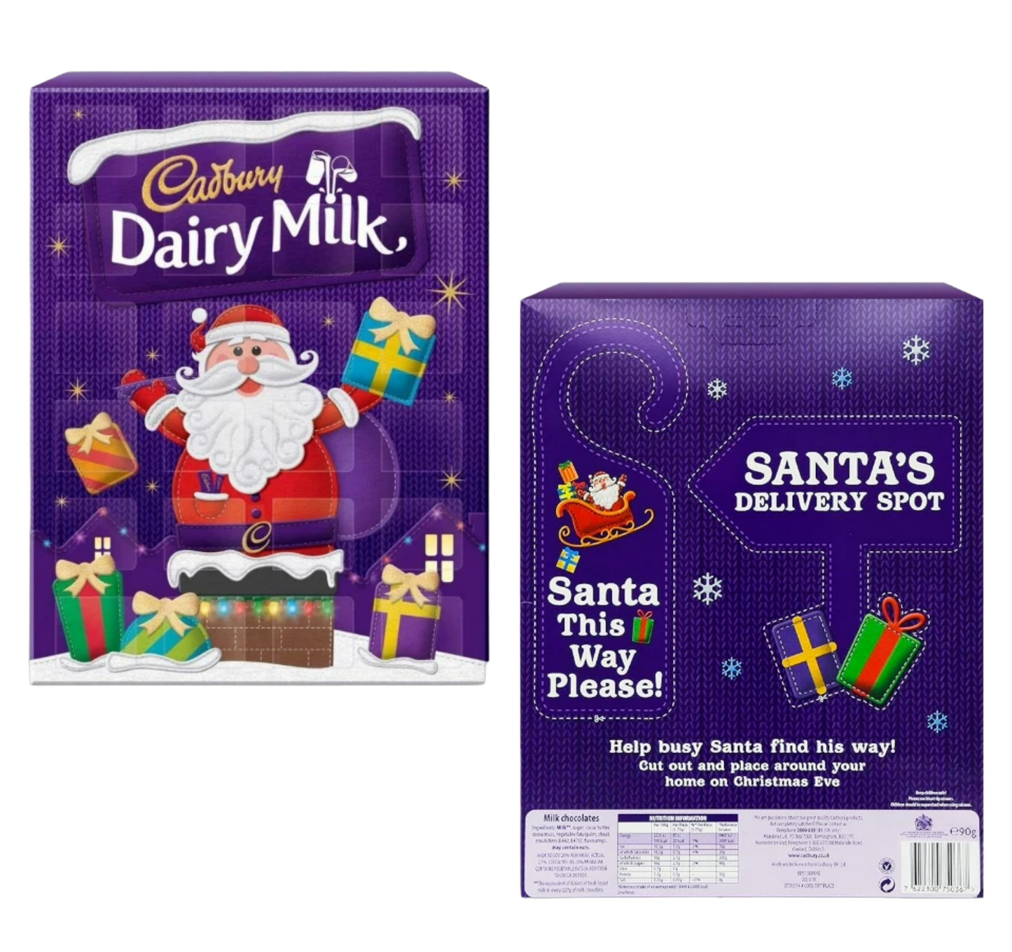 Cadbury Dairy Milk chocolate box with Santa Claus design and 'Santa's Delivery Spot' packaging.