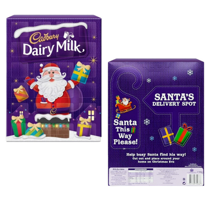 Cadbury Dairy Milk chocolate box with Santa Claus design and 'Santa's Delivery Spot' packaging.
