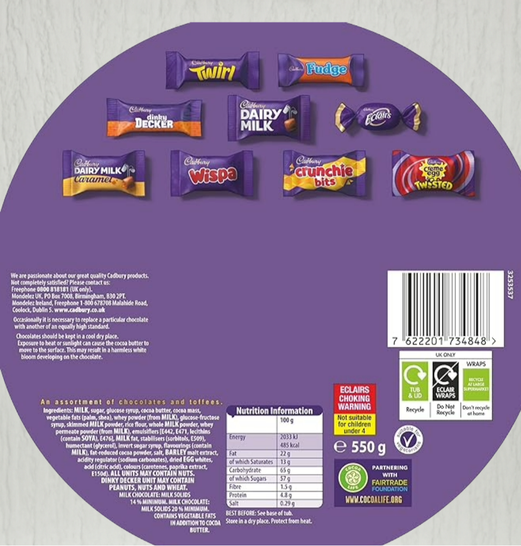 Cadbury chocolate packaging with various Cadbury products displayed on a purple background.