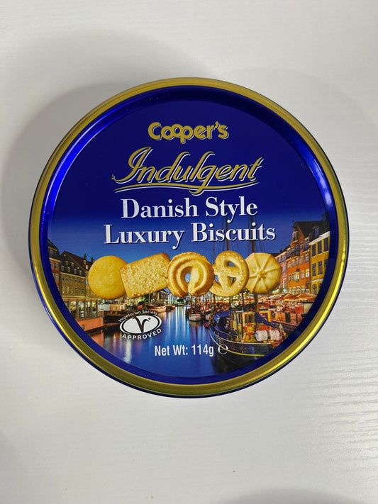 Assorted Cooper’s Danish Style Butter Biscuits displayed with tin packaging