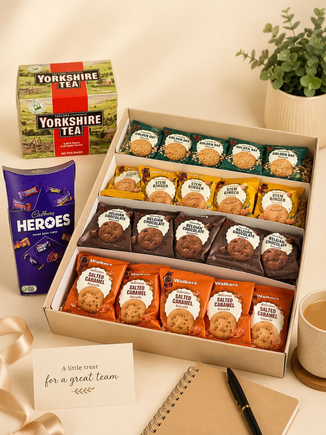 Corporate tea break gift box(with cookies, Yorkshire Tea package, Cadbury Heroes, and personalised message card) for employees and clients 