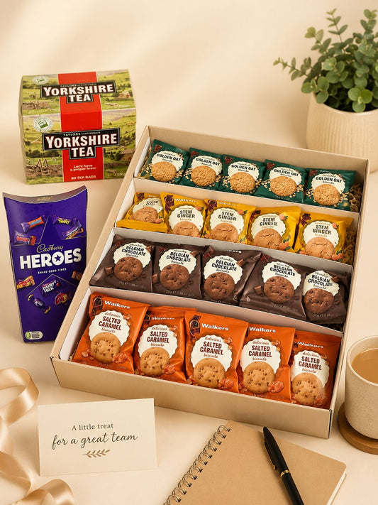 Corporate tea break gift box(with cookies, Yorkshire Tea package, Cadbury Heroes, and personalised message card) for employees and clients 