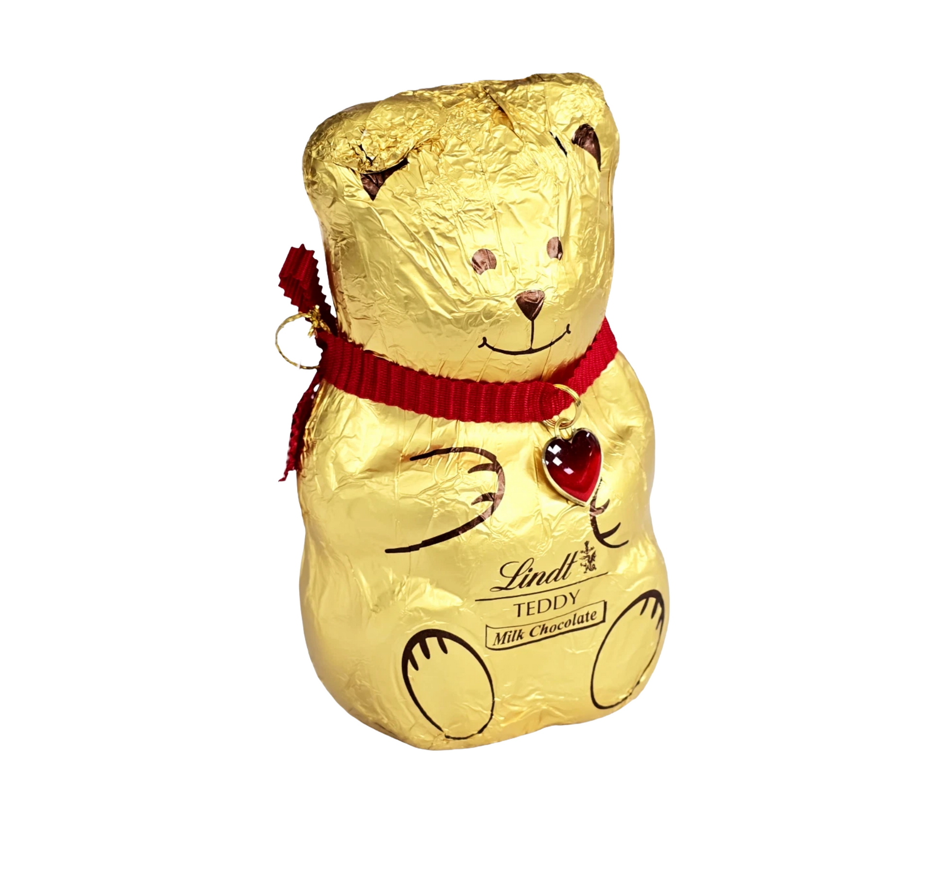 Gold Lindt teddy bear chocolate with red heart and collar  