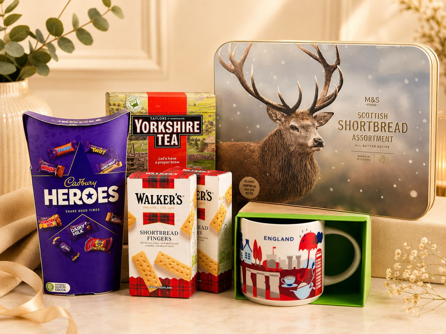 British tea and biscuit hamper with Cadbury Heroes