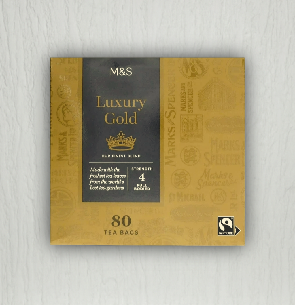 M&S Extra Strong Tea Bags box opened with tea bags inside