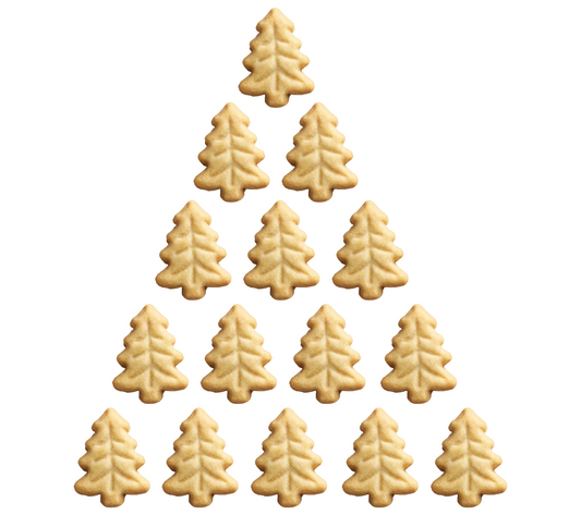 Arrangement of tree-shaped cookies forming a pyramid -M&S festive shortbread cookies in tree shape