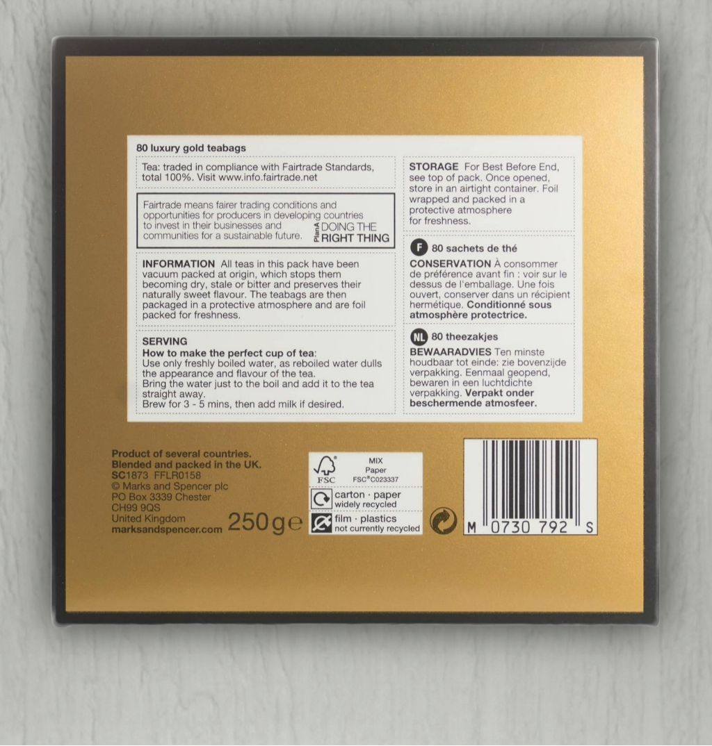 Close-up of M&S Extra Strong Tea Bags packaging – rich and bold tea blend