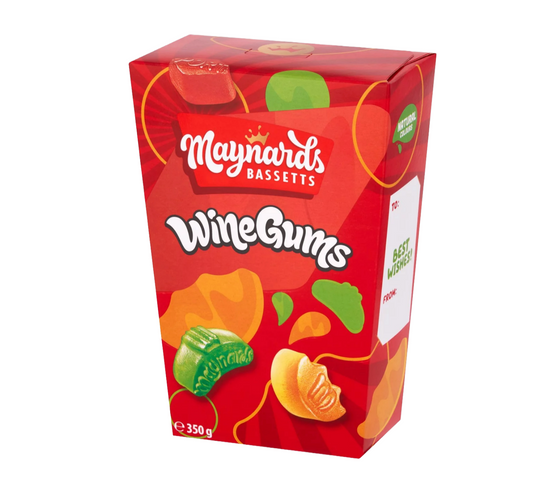 Side angle of Maynards Bassetts Wine Gums sweets carton 350g