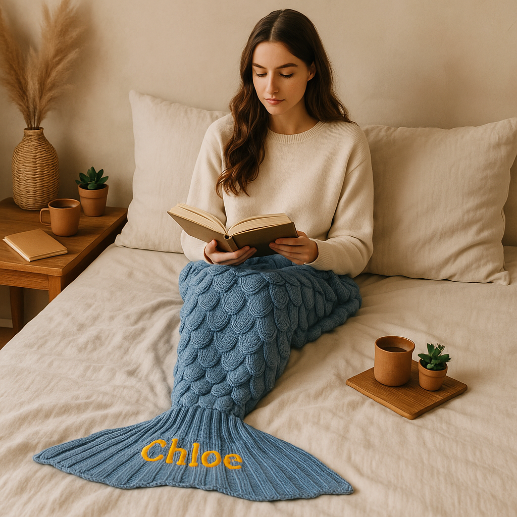 Personalised Mermaid Tail Blanket – Custom Embroidered Blanket for Adults & Kids