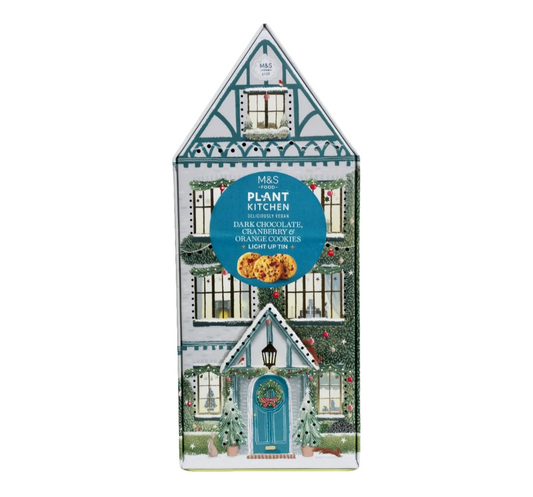 M&S Plant Kitchen Vegan Cookies 200g festive light-up tin front view
