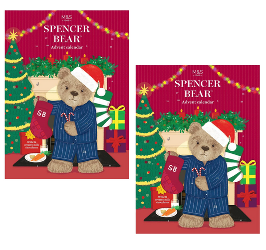 Two Christmas-themed 'Spencer Bear' advent calendar covers with a bear in a Santa hat and blue pajamas.