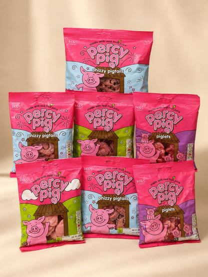 Ultimate Percy Pig sweets gift box hamper with 8 Percy Pig products and optional personalised card.