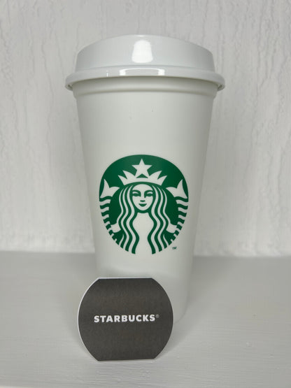 Starbucks White Plastic Reusable Hot Cup 16oz with Siren logo