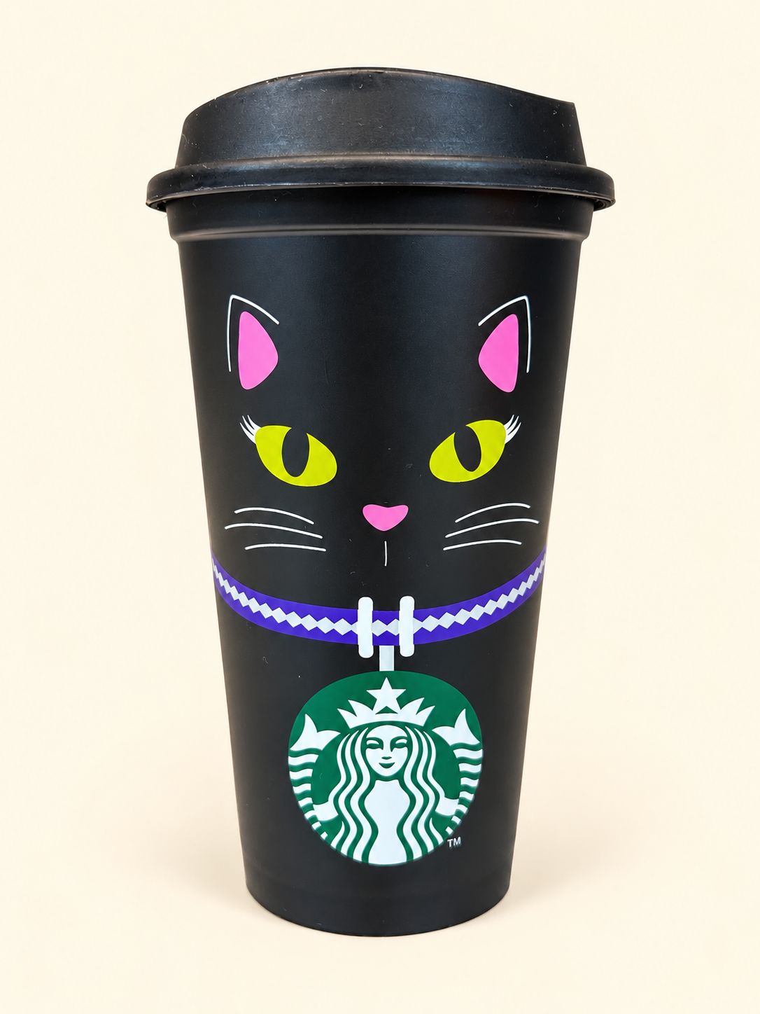 Black Starbucks Halloween cat cup with purple collar design
