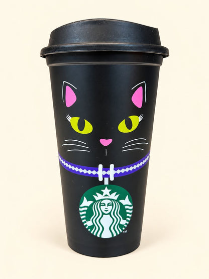 Black Starbucks Halloween cat cup with purple collar design