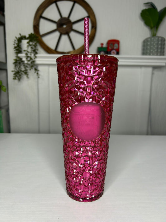 Starbucks Christmas Bling Cup Hot Pink 24oz with matching straw and lid