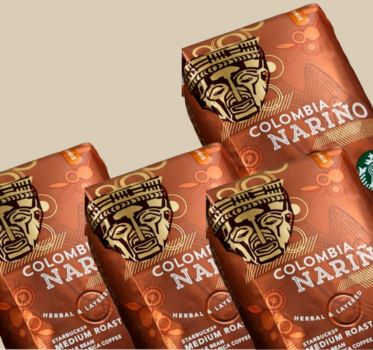 Side angle of Starbucks Colombia Nariño Whole Bean Coffee 250g bag