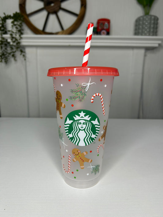 Starbucks Gingerbread Cold Cup Christmas 24oz with red lid and straw