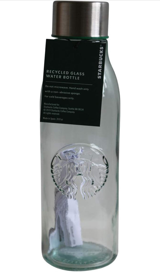 Front view of Starbucks Reusable Glass Water Bottle 16oz with logo