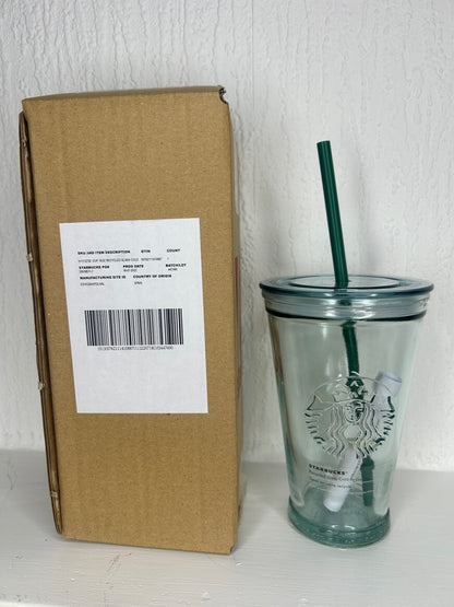 Side view of Starbucks recycled glass tumbler with logo

