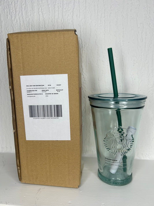 Side view of Starbucks recycled glass tumbler with logo
