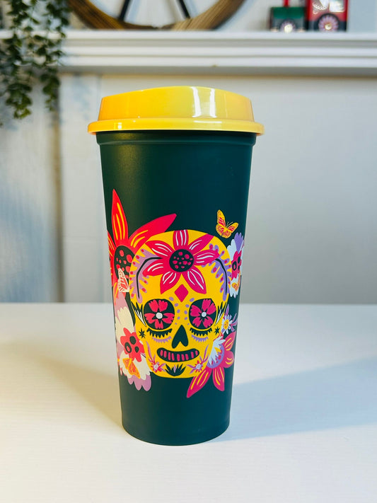 Starbucks Halloween Skull Candy Cup 18oz front view with skull artwork