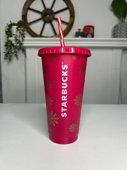 Starbucks red holiday cold cup with gold accents and lid