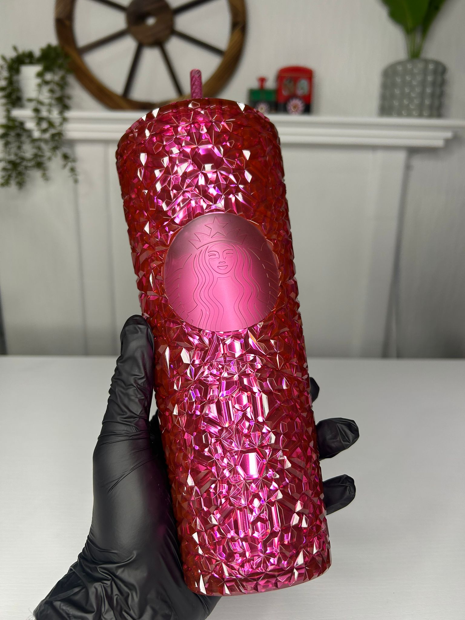 Starbucks Christmas Bling Cup Hot Pink 24oz with matching straw and lid