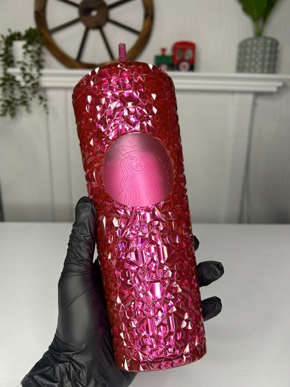 Starbucks Christmas Bling Cup Hot Pink 24oz with matching straw and lid