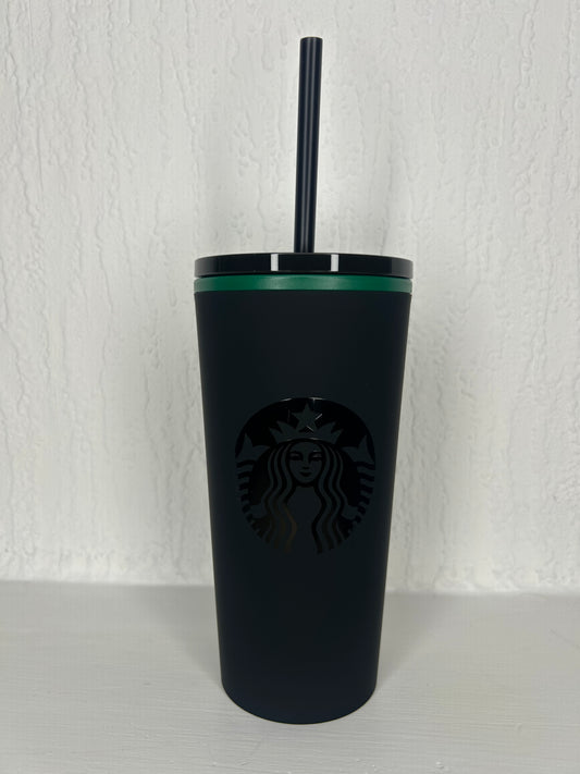 Front view of Starbucks Timi Matte Black 12oz Tumbler with lid