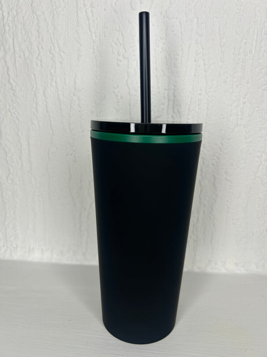 Side view of reusable Starbucks matte black tumbler 12oz
